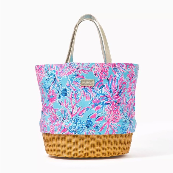 Lilly Pulitzer Wicker Canvas Beach Tote Bag Celestial Blue Seek Sea Coral NWT - Picture 1 of 8